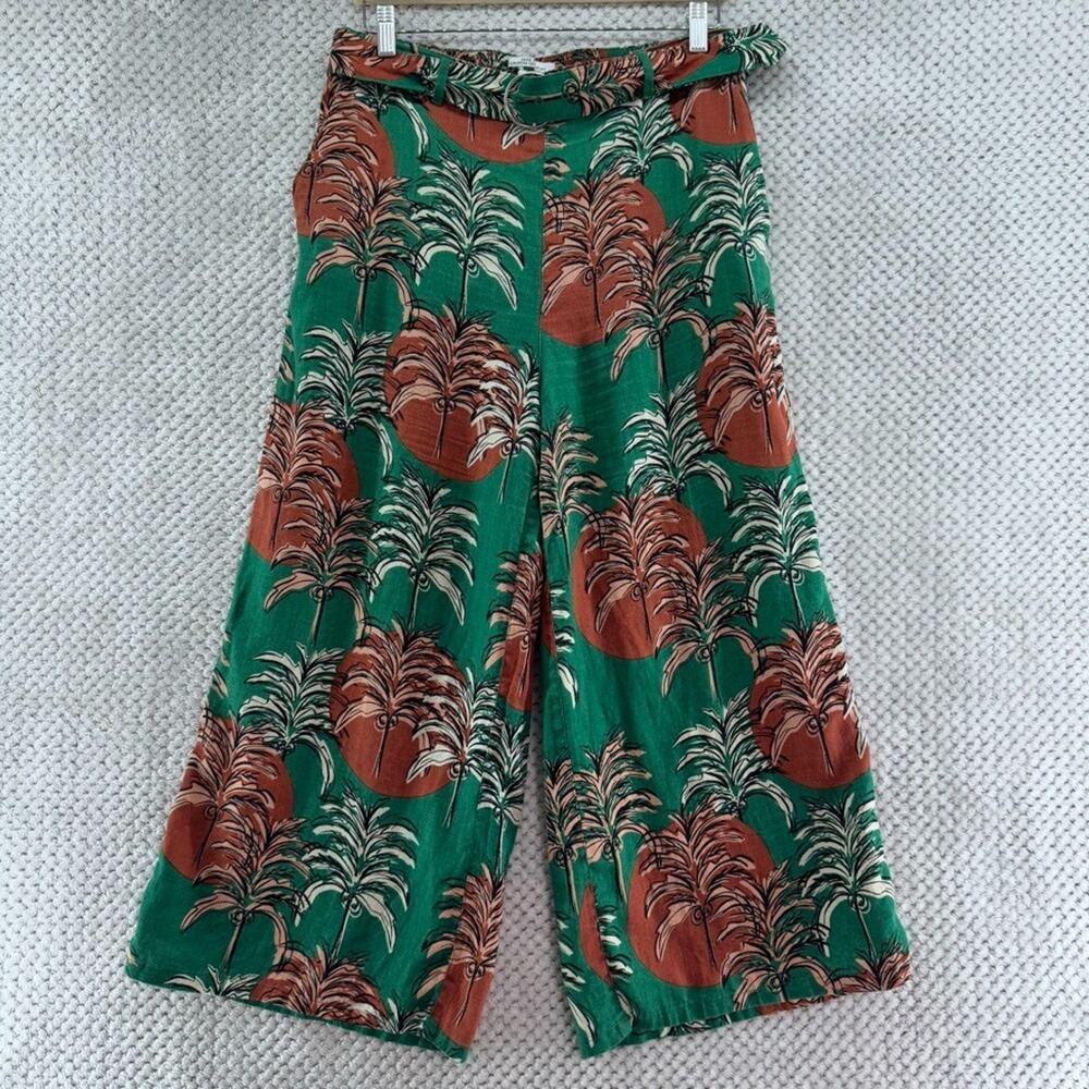 Nicole Miller NY Pants Womens L Green Linen Tropical Floral Wide Leg Resort Wear